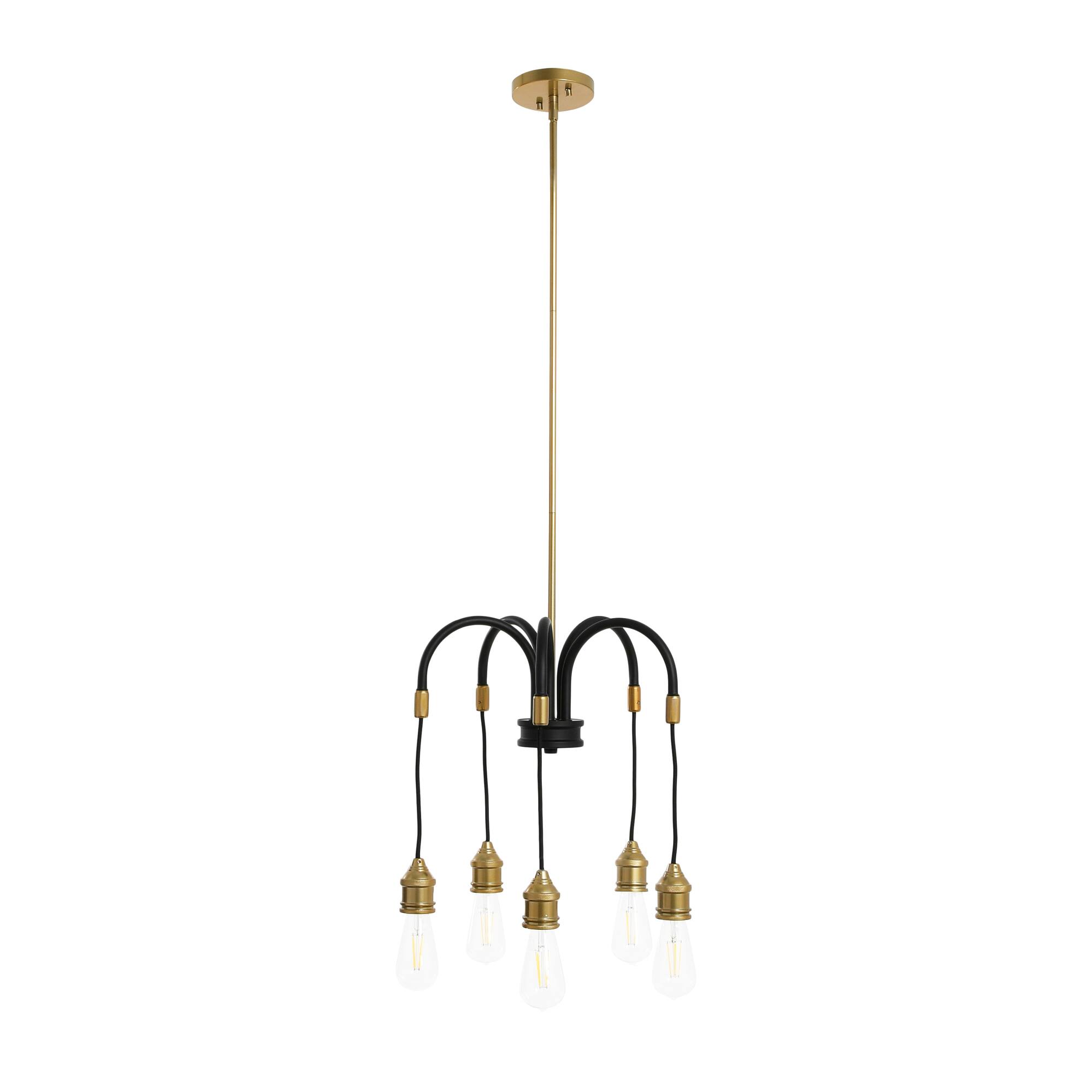 Hello Honey® Robert Stevenson Lighting Harper 19" Black and Brass 5-Light Exposed Bulb 2-Tone Metal Chandelier